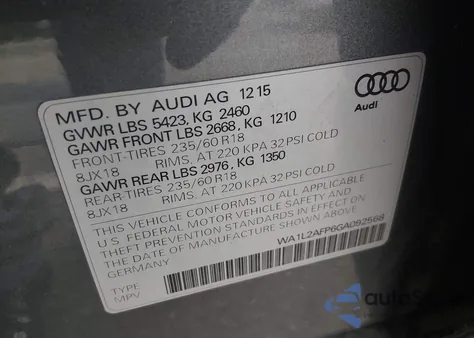 2016 Audi Q5 2.0T Premium из США, поврежденный, VIN WA1L2AFP6GA092568